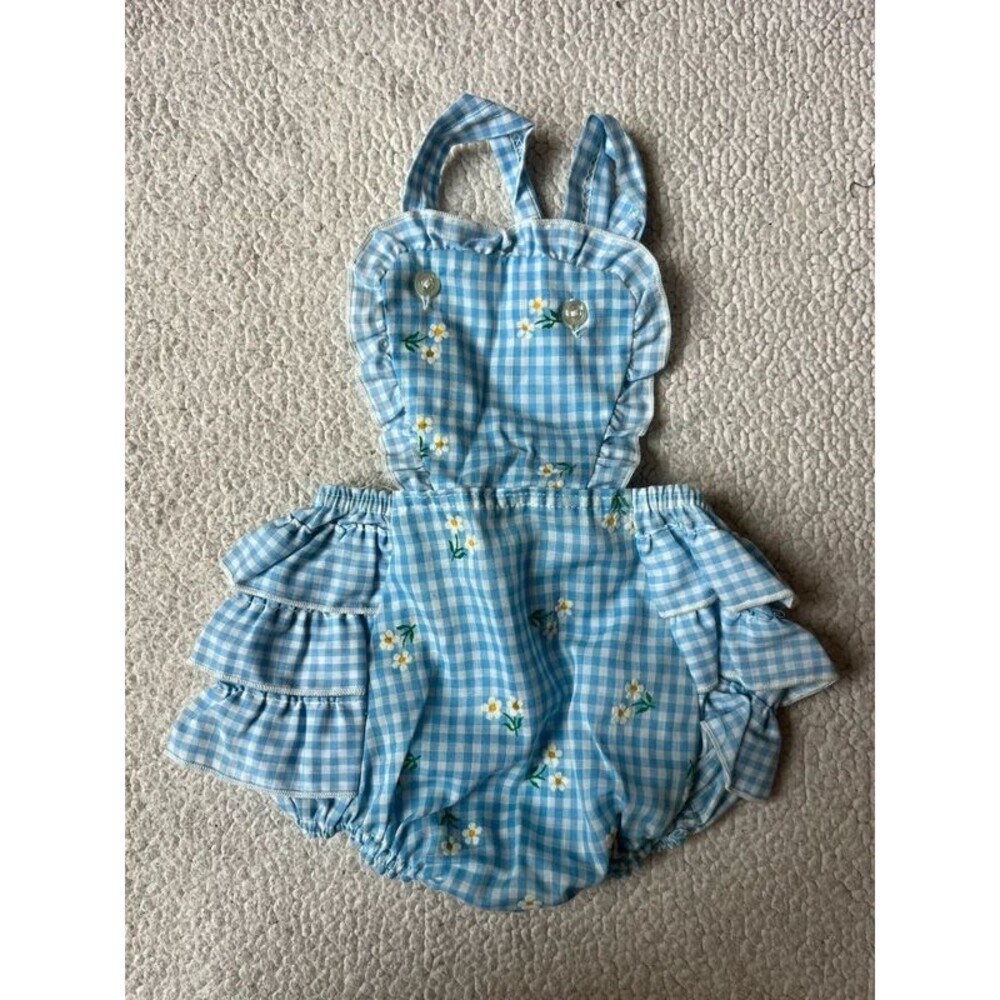 Vintage Stones Wear Blue & White Gingham Baby Girl Bubble Romper Daisy’s 12 Mo